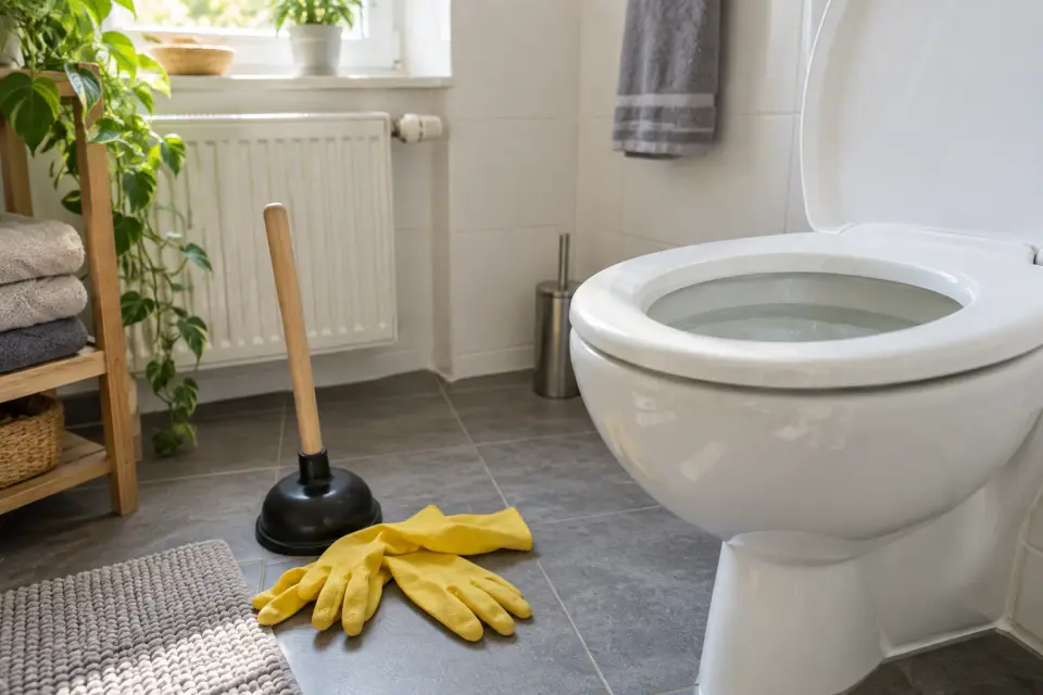 Verstopfte Toilette mit erhöhtem Wasserstand, bereitliegender WC-Saugglocke und Schutzhandschuhen auf trockenem Badezimmerboden.